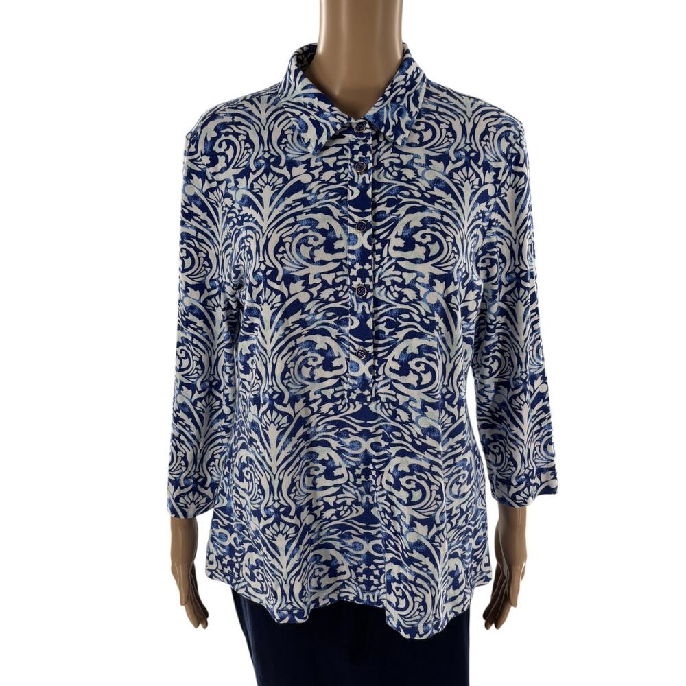 J. McLaughlin Blue Court White Swirl Paisley Cotton Polo Top